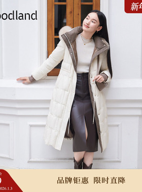 Goodland美地女装冬季时尚狐狸毛领中长款高克重白鸭绒羽绒服