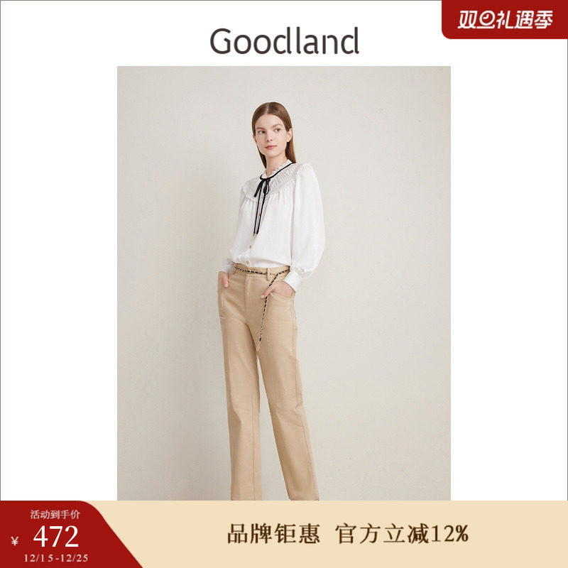 Goodland美地春季南法浪漫缎面衬衫蝴蝶结系带优雅上衣
