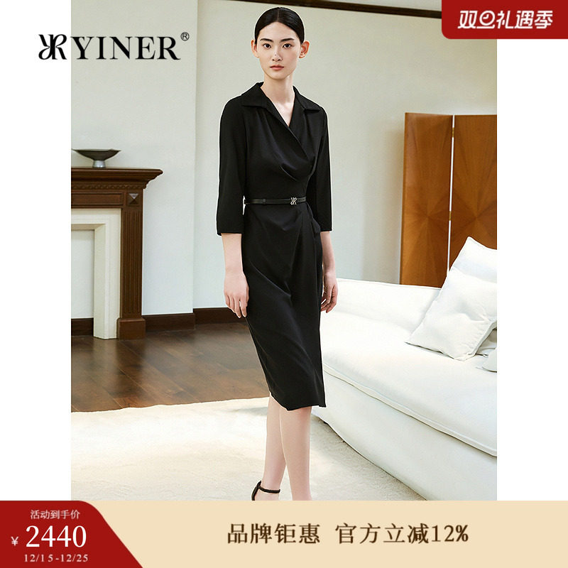 【100绵羊毛】YINER音儿2025夏季新款法式小黑裙翻领褶艺