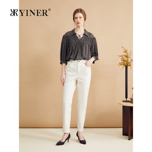 【真丝系列】YINER音儿春季100桑蚕丝法式上衣收褶衬衫