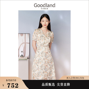 V领收腰收褶印花碎花连衣裙 法式 夏季 Goodland美地女装