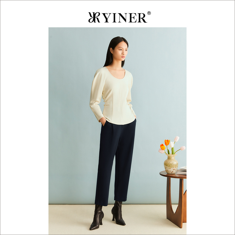 YINER音儿女装冬季法式优雅绵羊毛衬衫收腰修身收褶上衣