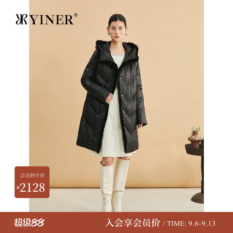 YINER音儿专选女装冬季时尚厚实水貂毛领高克重绵羊皮真皮羽绒服