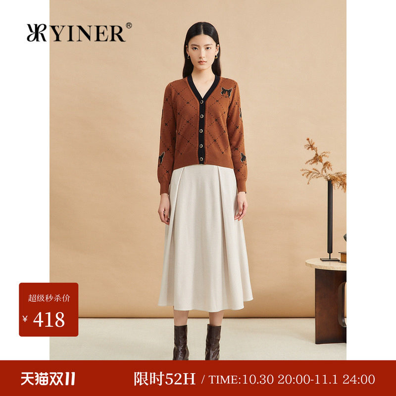 YINER音儿女装时尚短款卡通猫咪图案V领针织开衫毛衣上衣女长袖秋