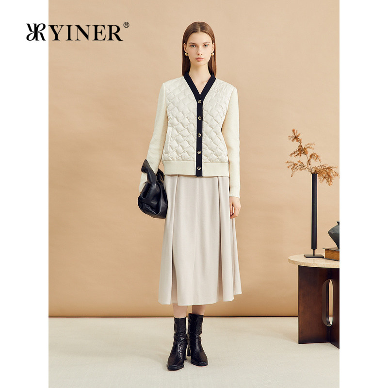 YINER音儿专选女装冬季时尚撞色小香风假两件短款羽绒服外套