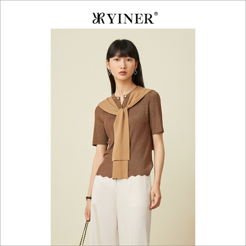 YINER音儿女装夏季镂空小V领金属链条亮丝上衣针织开衫