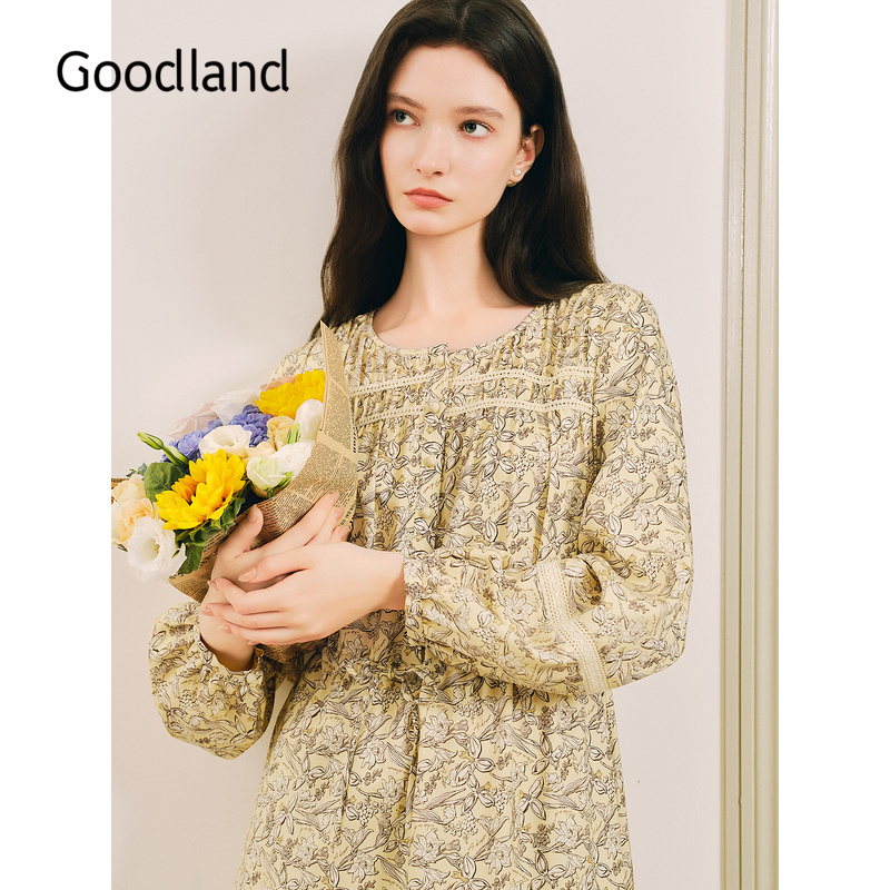 Goodland美地女装女装冬季时尚斜纹绸法式浪漫碎花收腰连衣裙
