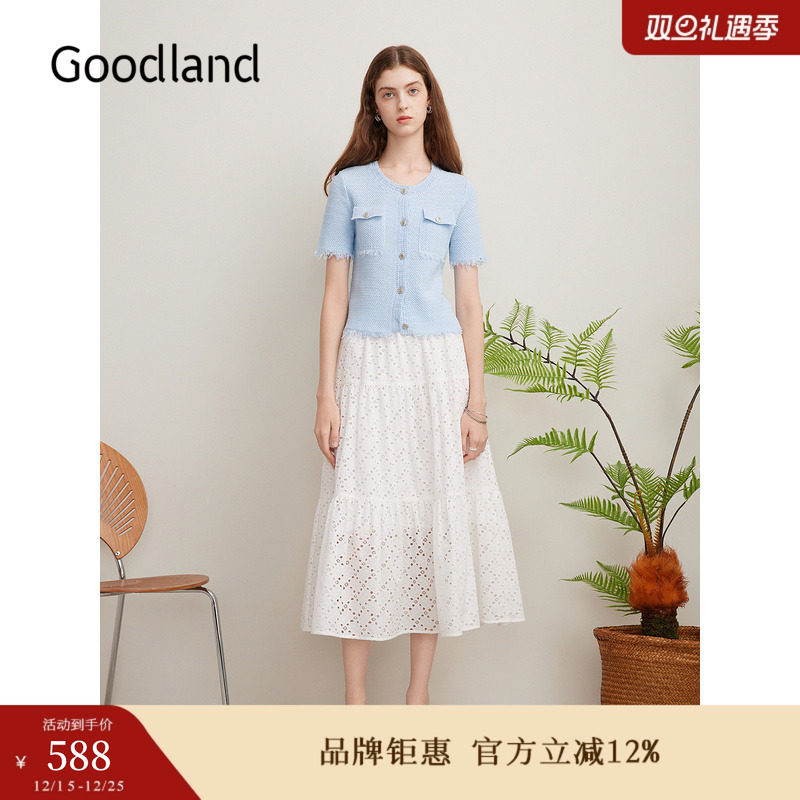 Goodland美地夏季法式优雅白月光刺绣蛋糕仙女半身裙