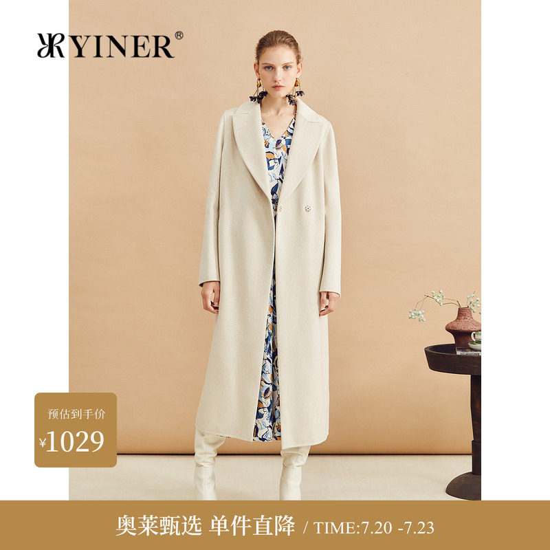 YINER音儿女装冬季时尚中长款西装领羊毛混纺双面呢大衣外套