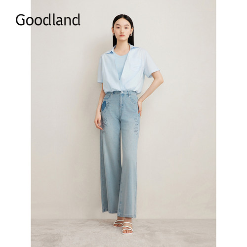 Goodland美地夏季设计感假两件衬衫收褶缎感上衣