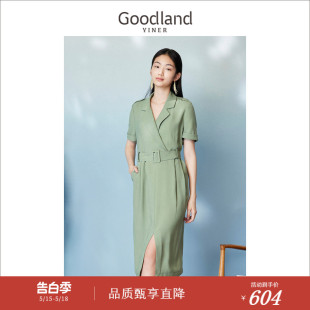 Goodland美地女装 别致收腰设计V领高端中长连衣裙 夏季