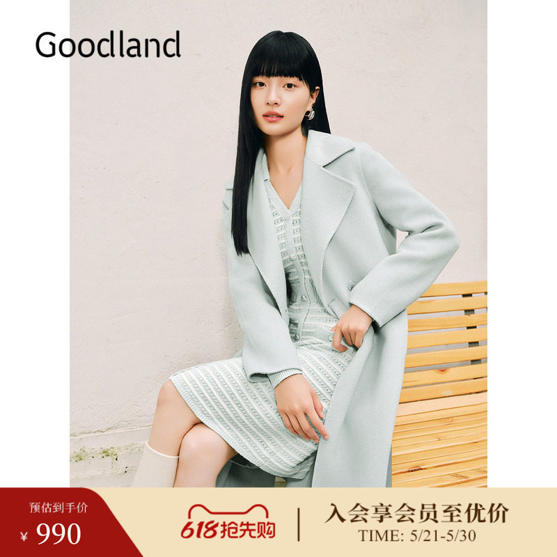 【100绵羊毛】Goodland美地女装冬季时尚双面毛呢大衣外套