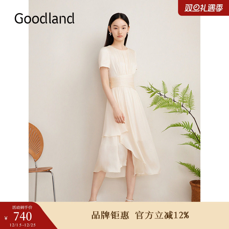 Goodland美地夏季法式优雅雪纺女神裙围裹式收腰连衣裙
