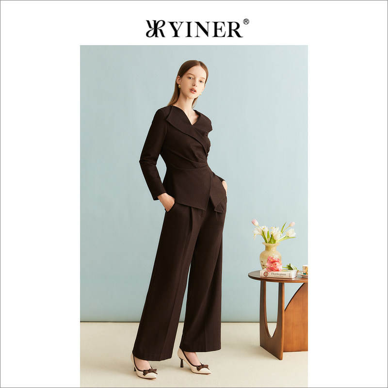 YINER音儿女装冬季女装法式优雅含绵羊毛收褶衬衫收腰上衣