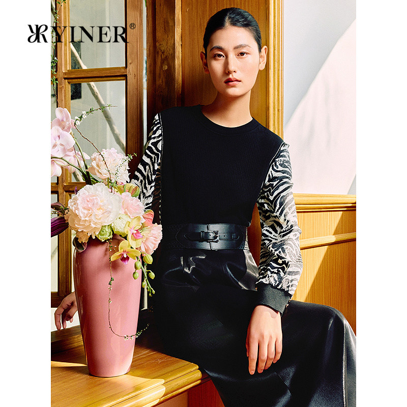 YINER音儿春新款美丽诺羊毛复古斑马纹毛针织衫长袖圆领套头毛衣