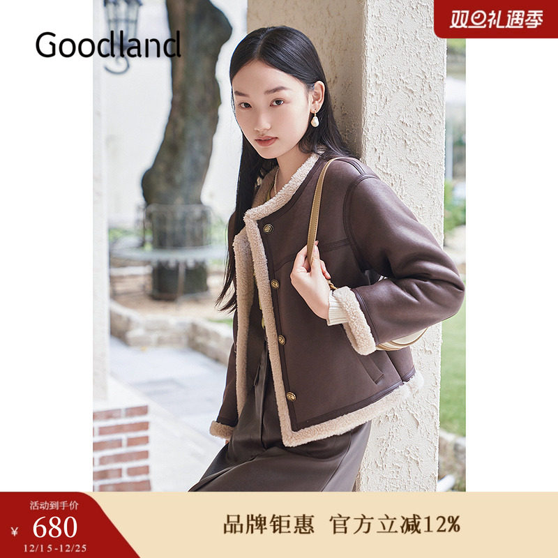 Goodland美地女装冬季时尚美拉德短款圆领环保羊毛皮草外套