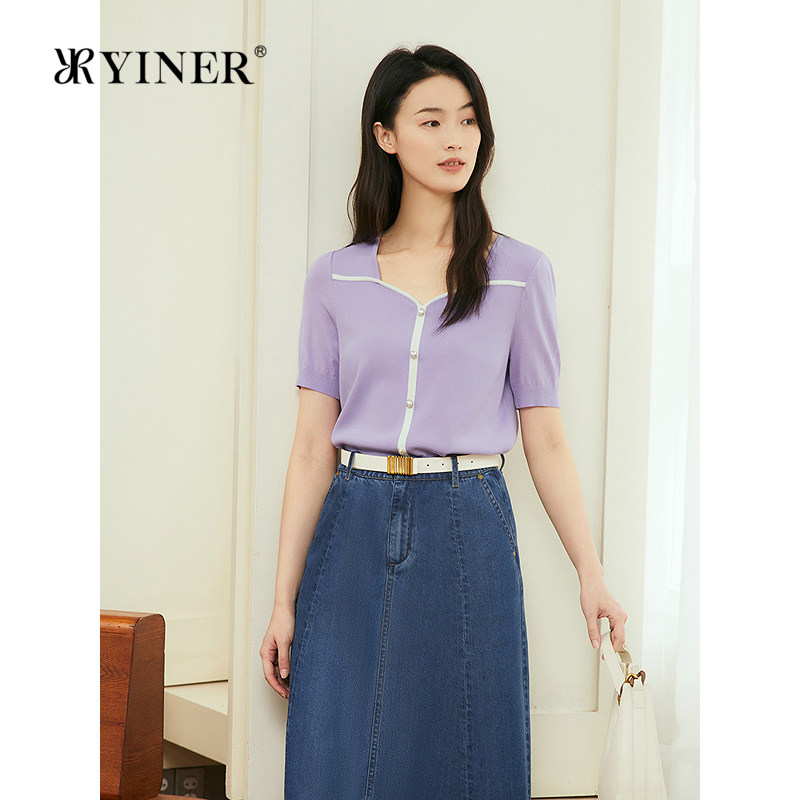 【周末花园】YINER音儿专选夏季新款短袖撞色Y字海鸥领针织衫图片