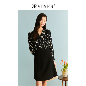 YINER音儿专选女装春季法式优雅假两件雪纺针织打击布连衣裙