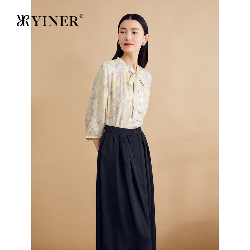 【真丝系列】YINER音儿秋16MM横斜绉桑蚕丝衬衫碎花上衣