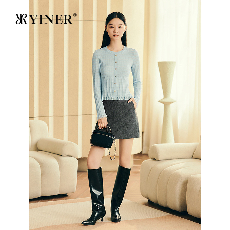 YINER音儿冬既望蓝羊毛混纺欧根纱荷叶边针织衫上衣长袖