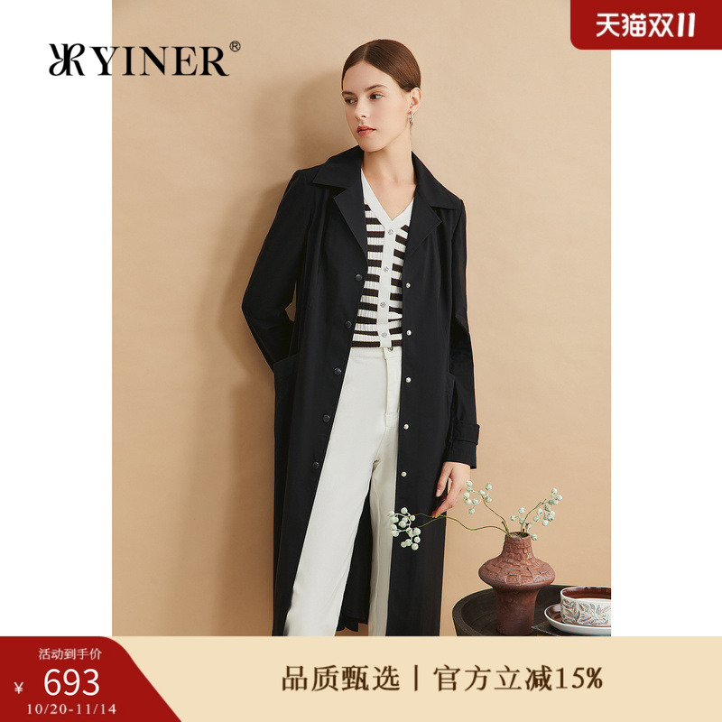 YINER音儿专选秋季弹力单排扣风衣翻驳领长款外套