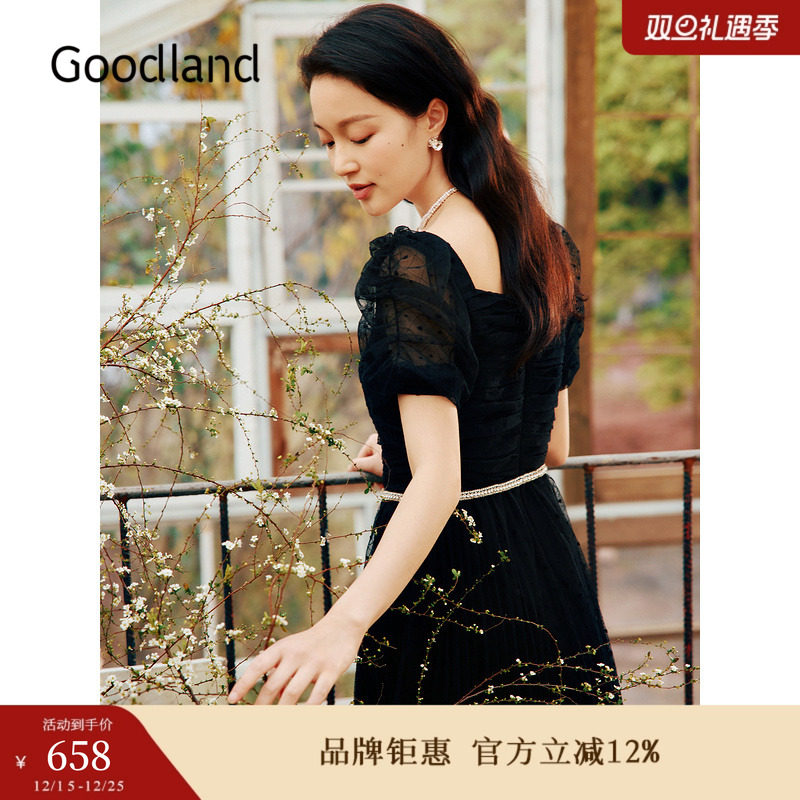 Goodland美地夏季法式优雅蕾丝小黑裙收腰气质连衣裙