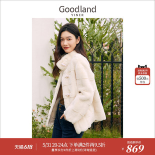 格纹剪花毛呢外套 环保皮草立领中款 2023冬季 Goodland美地女装