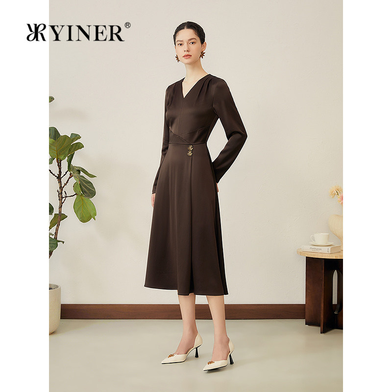 YINER音儿2025秋季新款法式复古醋酸混纺双面缎垂坠散摆X型连衣裙,女装/女士精品,连衣裙,淘宝优惠券,粉丝福利购,淘宝优惠卷