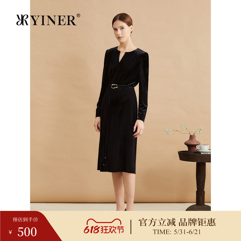 【醋酸系列】YINER音儿专选女装冬季时尚小黑裙丝绒连衣裙