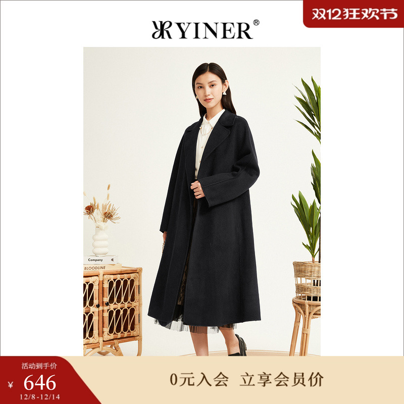 YINER音儿专选女装冬季时尚绵羊毛双面呢大衣中长款休闲外套