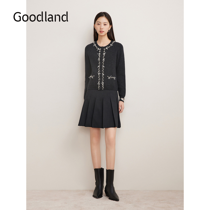 Goodland美地女装女装冬季时尚羊毛珠链小香风毛针织衫