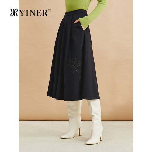 【木兰花系列】YINER音儿女装冬季时尚100羊毛绣花小黑裙半身裙
