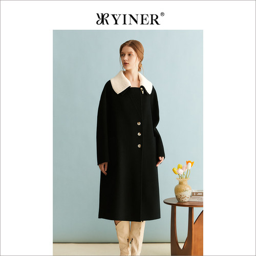 【100绵羊毛】YINER音儿专选女装冬季双面呢大衣撞色翻领长款外套