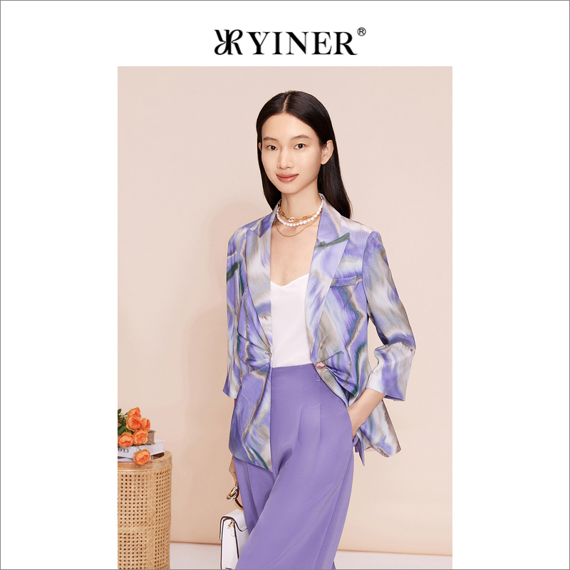 YINER音儿女装夏季通勤丁香紫印花气质休闲西装外套