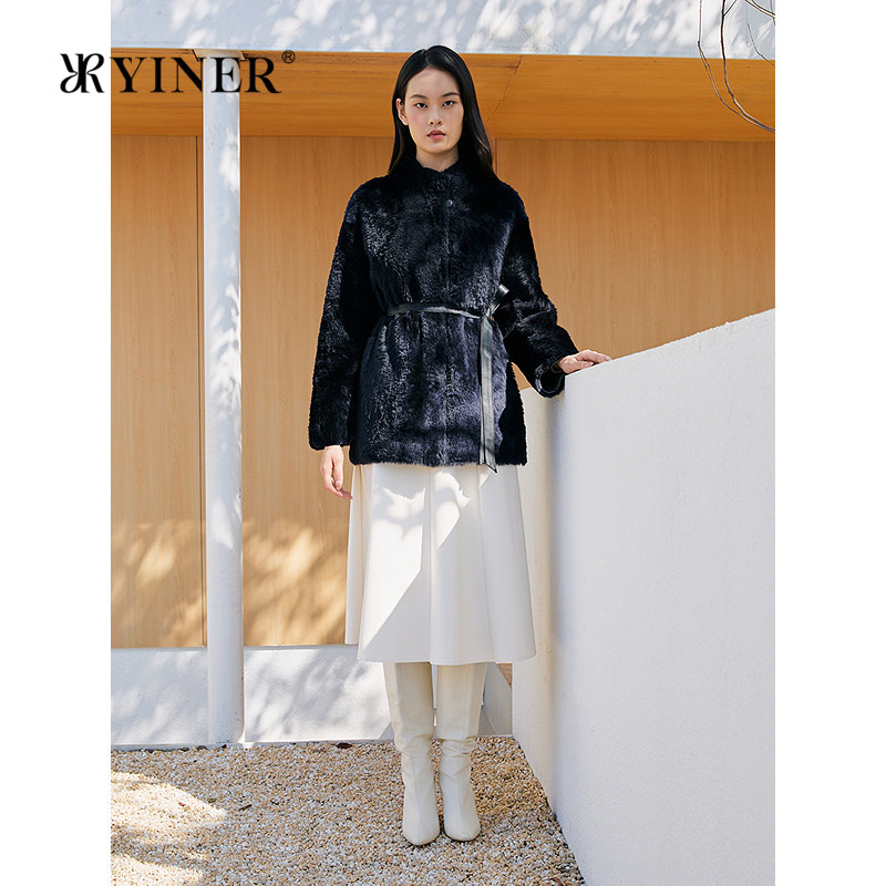 YINER音儿专选冬季新款一手长立领羊皮毛一体皮草外套女加厚大衣