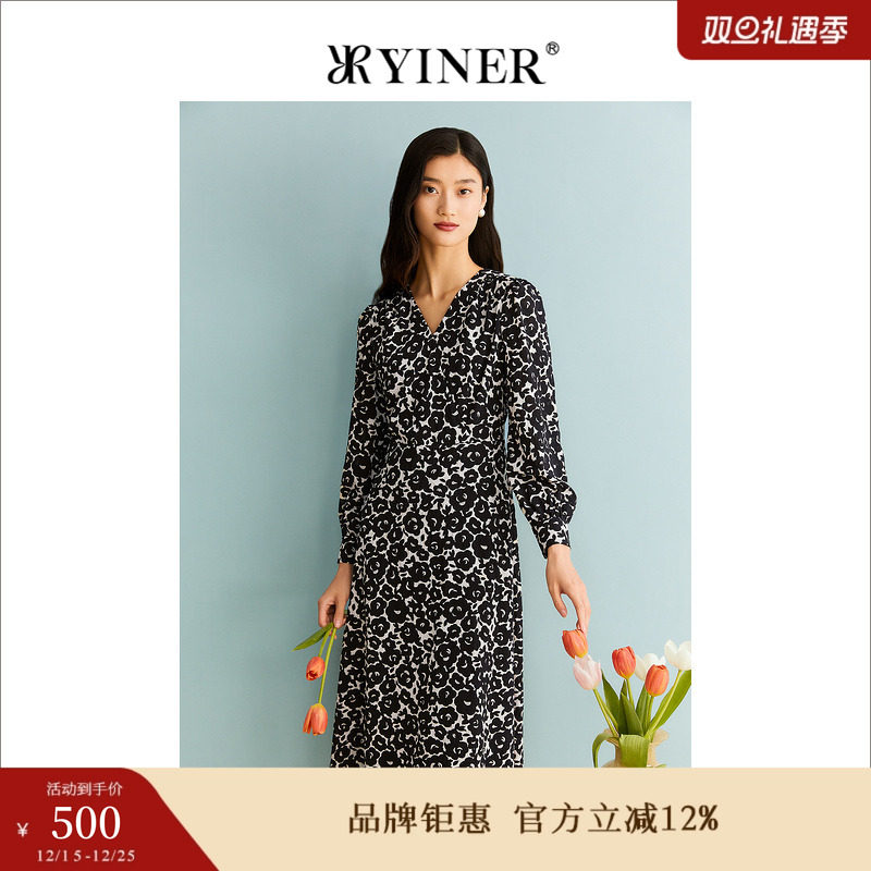 YINER音儿专选女装秋季花朵印花V领收腰公主袖连衣裙