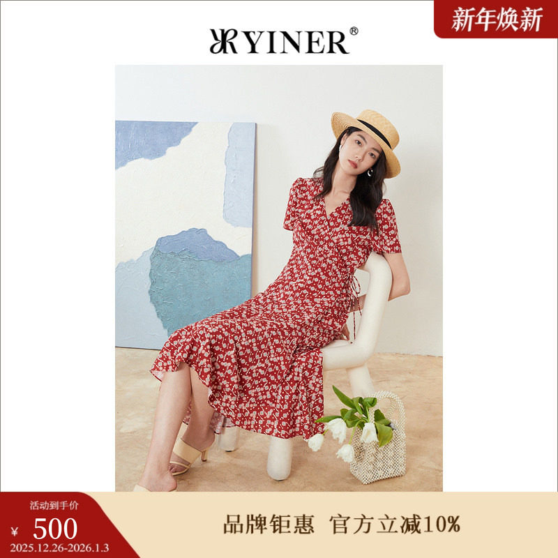 YINER音儿专选女装夏法式雪纺碎花V领茶歇连衣裙