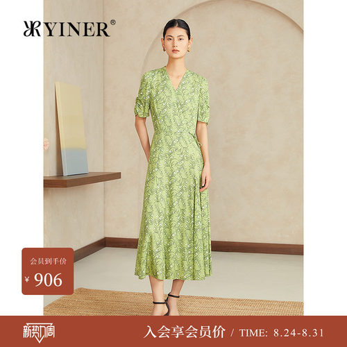 YINER音儿女装夏季优雅V领高腰印花茶歇裙弹力桑蚕丝连衣裙