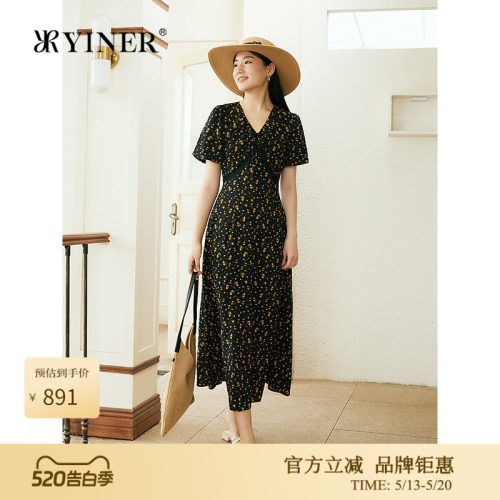 YINER音儿专选夏季新款法式V领千代兰印花灯笼袖A摆连衣裙