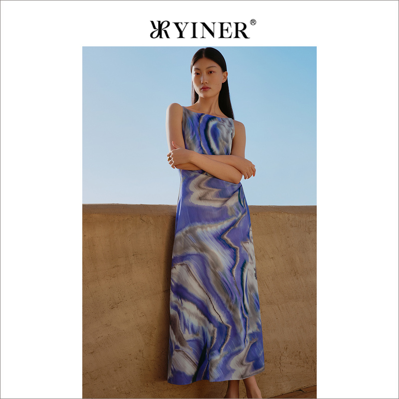YINER音儿女装夏季法式优雅抽象艺术印花桑蚕丝连衣裙