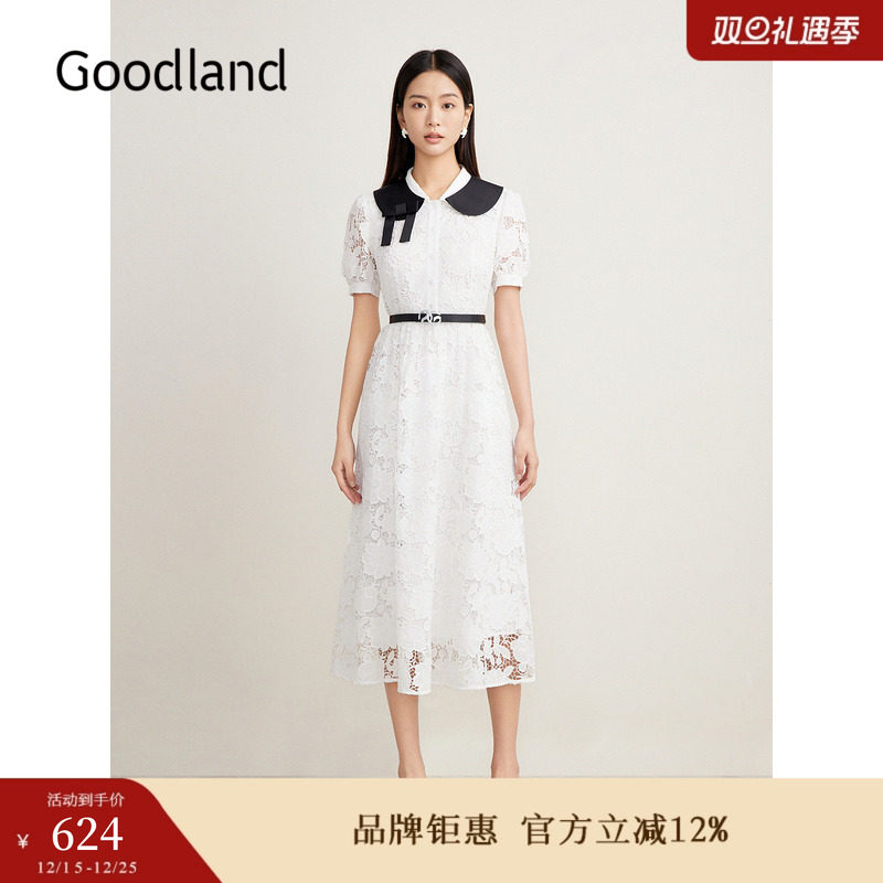 Goodland美地夏季撞色领镂空亮片蕾丝仙女连衣裙