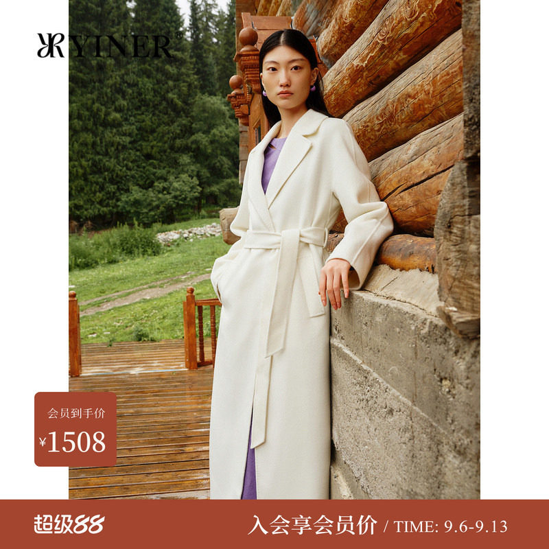【绵羊毛+山羊绒】YINER音儿女装冬季时尚双面毛呢大衣白色外套图片