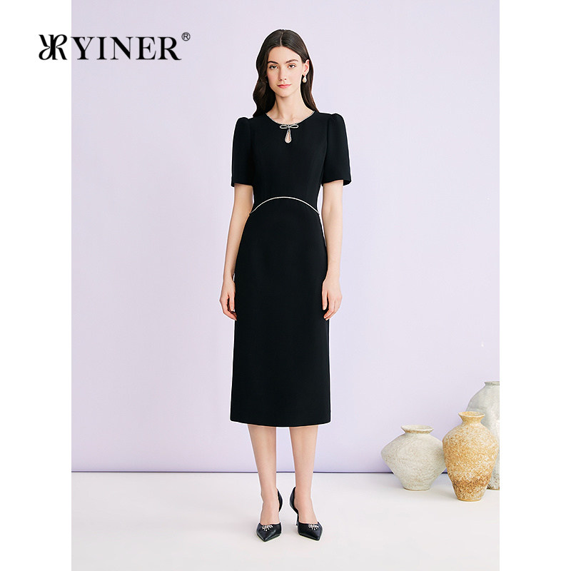 YINER音儿专选2026夏季新款时尚钉珠蝴蝶结装饰醋酸混纺连衣裙图片