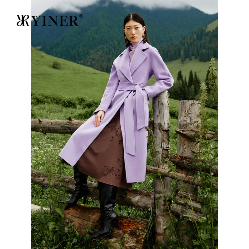 YINER音儿女装冬季丁香紫中长款系带收腰羊毛羊绒混纺双面呢大衣