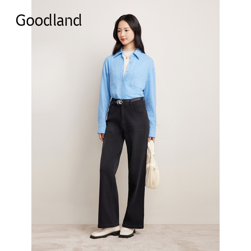 Goodland美地女装冬季时尚坑条灯芯绒加绒加厚阔腿牛仔裤