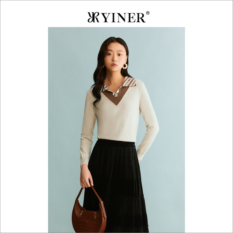 [裸感羊绒]YINER音儿专选女装冬季海鸥领针织衫套头