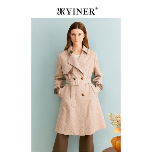 [美拉德]YINER音儿专选女装秋季双排扣西装领卡其色风衣