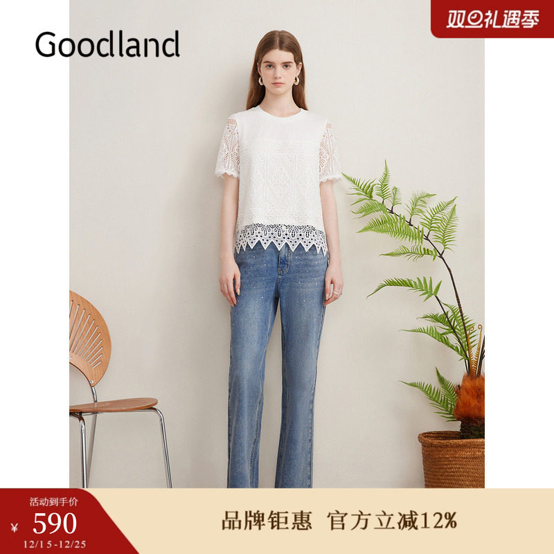 Goodland美地夏季艺术镂空肌理T恤蕾丝短袖上衣
