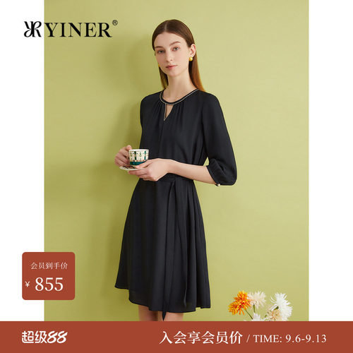 YINER音儿专选夏季法式小黑裙钉珠镂空领连衣裙