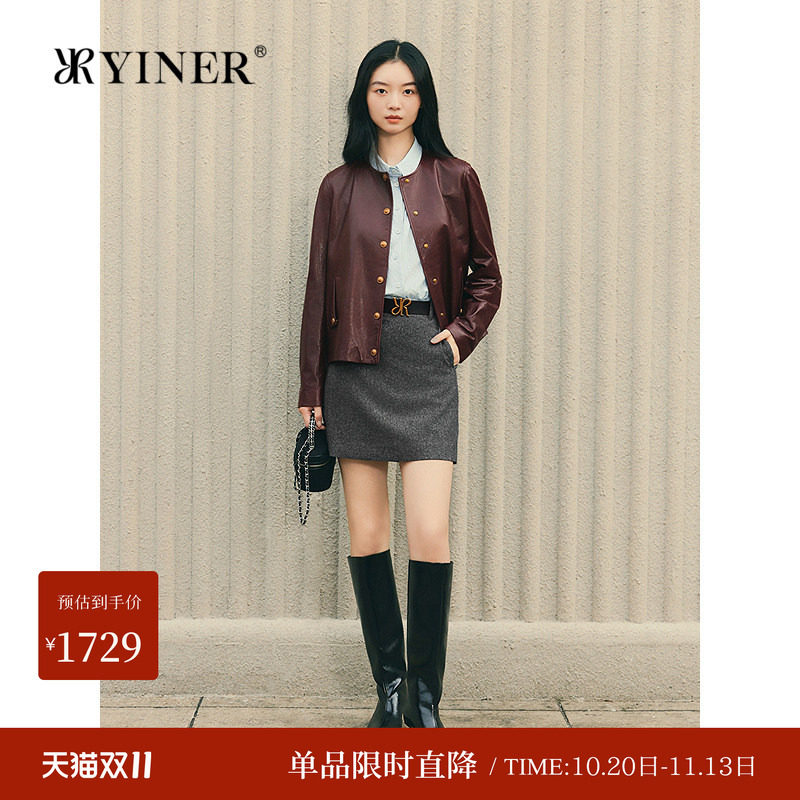 YINER音儿专选秋季新款法式复古油蜡皮工艺绵羊真皮皮衣夹克外套